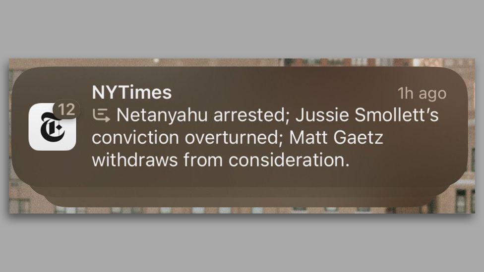 A screenshot of a misleading group notification from the New York Times. It reads: "Netanyahu arrested; Jussie Smollett's conviction overturned; Matt Gaetz withdraws from consideration".