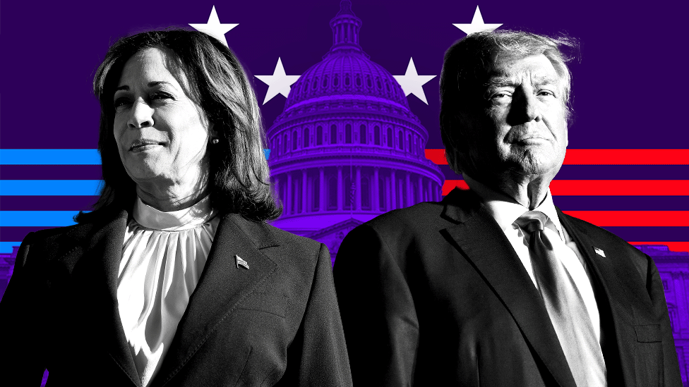 Stylised image showing Harris and Trump in black and white in front of US Capitol with blue and red striped background