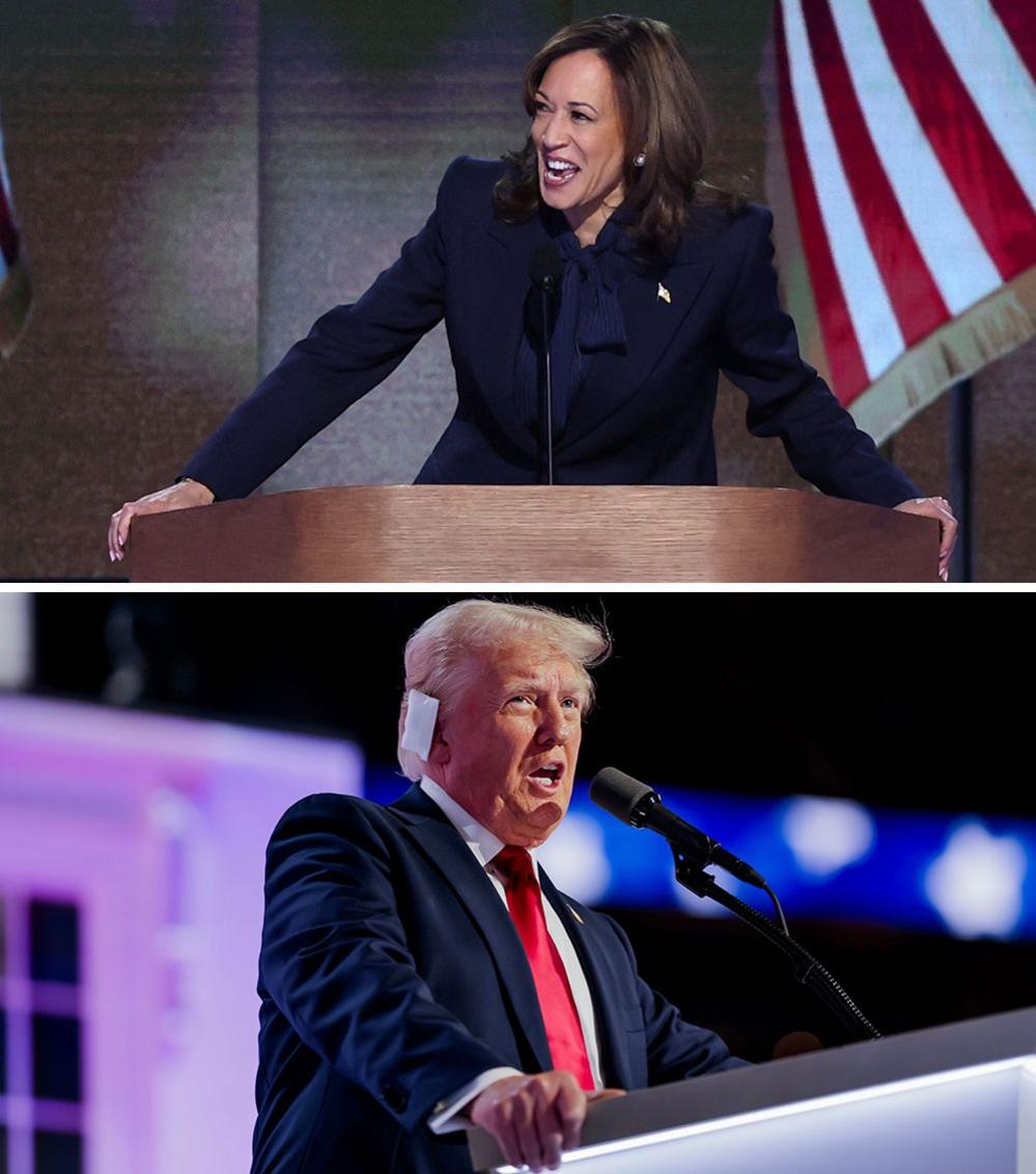 Composite image shows Kamala Harris speaking at the Democratic National Convention in Chicago, Illinois, in 2024 (bottom), and Donald Trump speaking at the Republican National Convention (RNC) in Milwaukee, Wisconsin, in the same year