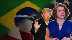 Imagem de jornalista da BBC, Donald Trump e bandeiras do Brasil e EUA atrás