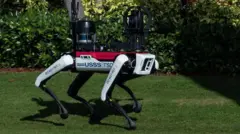 Um cão-robô de aparência futurista feito pela Boston Dynamics patrulhando terreno da residência de Donald Trump na Flórida