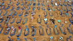 Aerial view of an area at a cemetery in Manaus, Brazil, where new graves have been dug amid the novel Covid-19 coronavirus pandemic