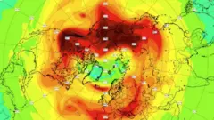 A meteorological map showing the ozone hole in the North Pole