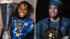 A split image of Ademola Lookman, shown wearing an Atalanta shirt and holding the Europa League trophy and then dressed in a dark green robe with the men's African Footballer of the Year award