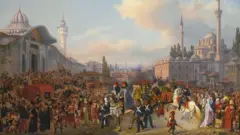 Sultão Mahmud 2º saindo da Mesquita Bayezid, Constantinopla, em 1837