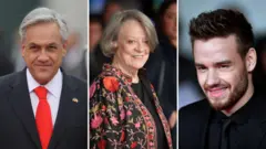 A imagem apresenta três retratos lado a lado: Sebastián Piñera, Maggie Smith e Liam Payne, cada um em eventos ou contextos distintos.