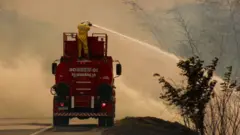 Bombeiro combatendo incêndio na rodovia SP-215 em São Carlos (SP), em 23 de agosto de 2024