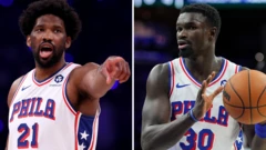 Une image partagée de Joel Embiid pointant du doigt et Adem Bona tenant un ballon de basket, les deux joueurs portant des maillots blancs des Philadelphia 76ers