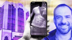 Ilustração mostra celular com Grindr e foto de Manuel