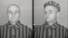 Foto em preto e branco de Witold Pilecki usando as roupas listradas características dos prisioneiros de Auschwitz