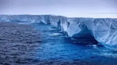 An aerial shot of A23a iceberg