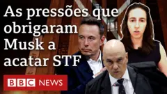 Repórter Mariana Schreiber sobre imagem de fundo com Alexandre de Moraes e Elon Musk