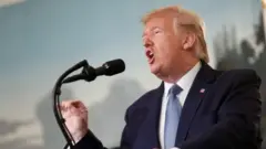 US President Donald Trump delivers a statement in the Diplomatic Room of the White House in Washington on 23 October 2019.