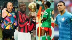 A composite image of four footballers in vertical columns. Left to right it includes: Bruce Grobbelaar raising his hand to take acclaim; George Weah in AC Milan shirt holding up the Ballon d'Or trophy, Roger Milla in Cameroon kit dancing with a corner flag; Essam El-Hadary of Egypt spreads his arms out wide and pulls a stern face