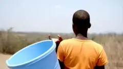 Fotografia colorida mostra mulher negra de costas em um campo a céu aberto no Maláui. Ela veste uma camiseta laranja e segura um balde azul claro.