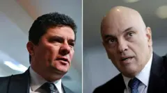 Colagem de fotos de Sergio Moro e Alexandre de Moraes; eles estão olhando para o lado, com olhar sério