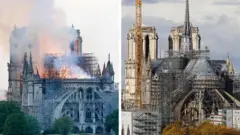 Uma imagem composta de antes e depois mostra o incêndio da catedral de Notre Dame em abril de 2019 e, à direita, uma vista da torre quase construída e do exterior da catedral em novembro de 2024