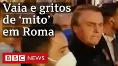 No segundo dia de visita a Roma, Bolsonaro foi xingado e exaltado durante um passeio. O presidente foi chamado de “genocida” por manifestantes e "mito" por apoiadores