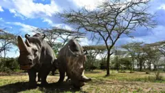 Najin and Fatu grazing under the trees.