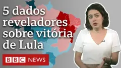 Mapa do Brasil pintado em azul e vermelho, a repórter Laís Alegretti e o texto: 5 dados reveladores sobre vitória de Lula