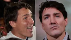 Two Trudeaus - happy and pensive