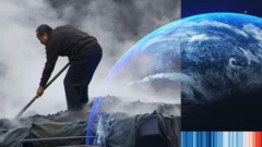 Graphic composite of man working with coal