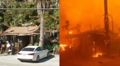 Antes y después de Wylie's en PCH, Topanga, tras el incendio de Palisades, Los Ángeles, California, Estado Unidos, el 3 y el 7 de enero de 2025.