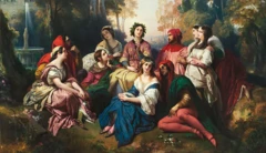 Le tableau de Franz Winterhalter de 1837, Le Décaméron, montre les 10 aristocrates se racontant leurs histoires coquines