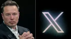 Elon Musk ao lado de símbolo que representa a rede social X