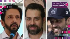 Alternative description Montagem com imagens dos candidatos a prefeito de São Paulo Ricardo Nunes, Guilherme Boulos e Pablo Marçal