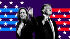 Kamala Harris e Donald Trump sobre um fundo com listras vermelhas e azuis e estrelas brancas