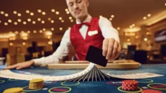 Croupier arruma cartas em mesa de cassino