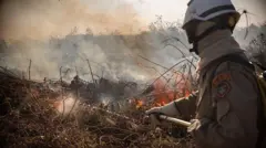 Brigadista tenta controlar incêndio em Corumbá, MS