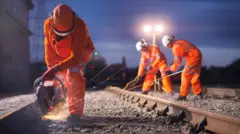 Trabalhadores em rodovia durante a noite