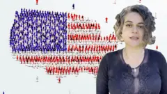 Repórter Mariana Sanches diante de imagem estilizada da bandeira americana sobre o mapa do pais