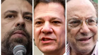 Montagem de fotos: Guilherme Boulos, à esquerda, Fernando Haddad, no centro, e Paulo Maluf, à direita.