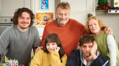 Right to left, Daniel Roche, Ramona Marquez, Hugh Dennis, Tyger Drew-Honey and Claire Skinner