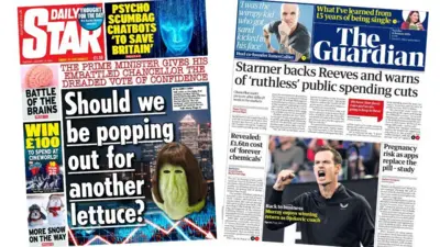 Composite image of the front pages of the Daily Star and the Guardian. The headline on the front page of the Daily Star reads: "Should we be popping out for another lettuce?". The headline on the front page of the Guardian reads: "Starmer backs Reeves and warns of 'ruthless' public spending cuts"