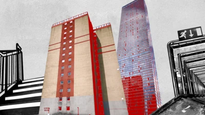 Graphic showing two tower blocks - Invicta House (left) and Landmark Pinnacle (right) - and staircases that can be used to evacuate from these buildings.