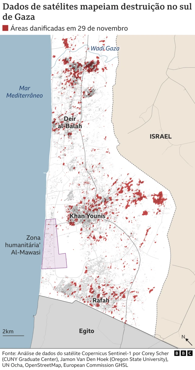 Mapa mostra danos no sul de Gaza até 29 de novembro usando análise de satélite