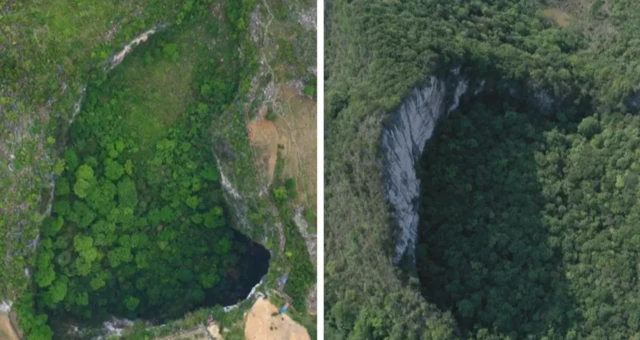 Imagem aérea de poços gigantes, com vegetação na cor verde-escuro