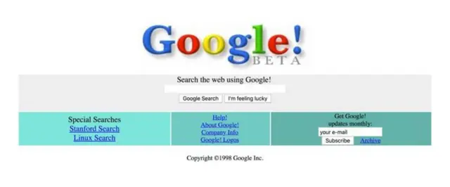 O layout inicial do Google em 1998