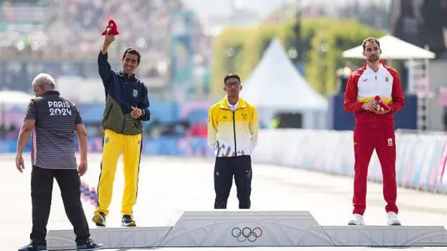 Pódio da marcha atlética na Olimpíada de Paris 2024 