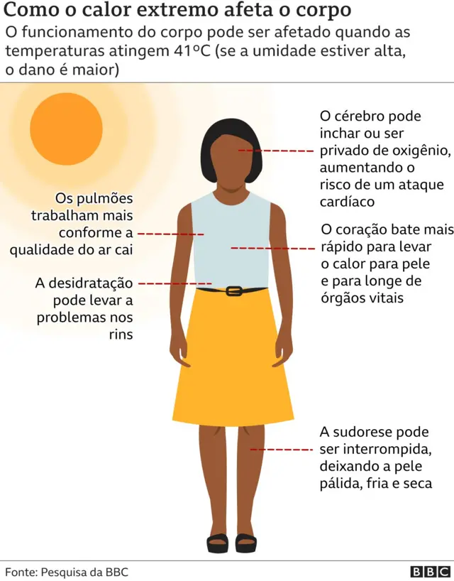 Gráfico que aponta os impactos do calor extremo na saúde de uma pessoa