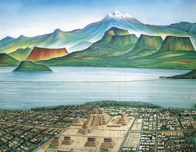 EEste desenho mostra uma vista panorâmica de Tenochtitlán e do vale do México, sobre a lagoa de Texcoco