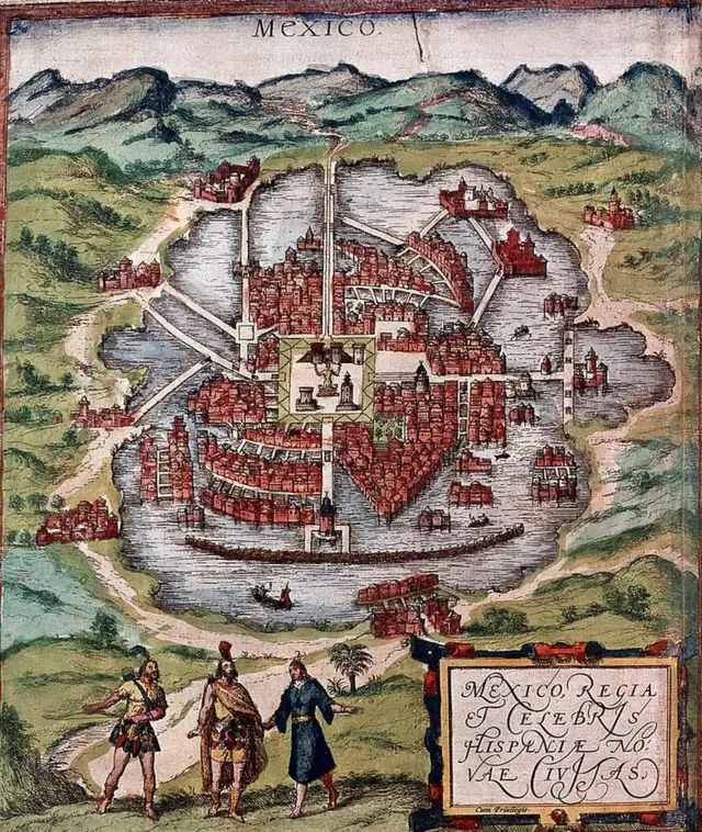 Ilustração mostra México-Tenochtitlán no início do século 16 - provavelmente baseada em um esboço de Cortés de 1524