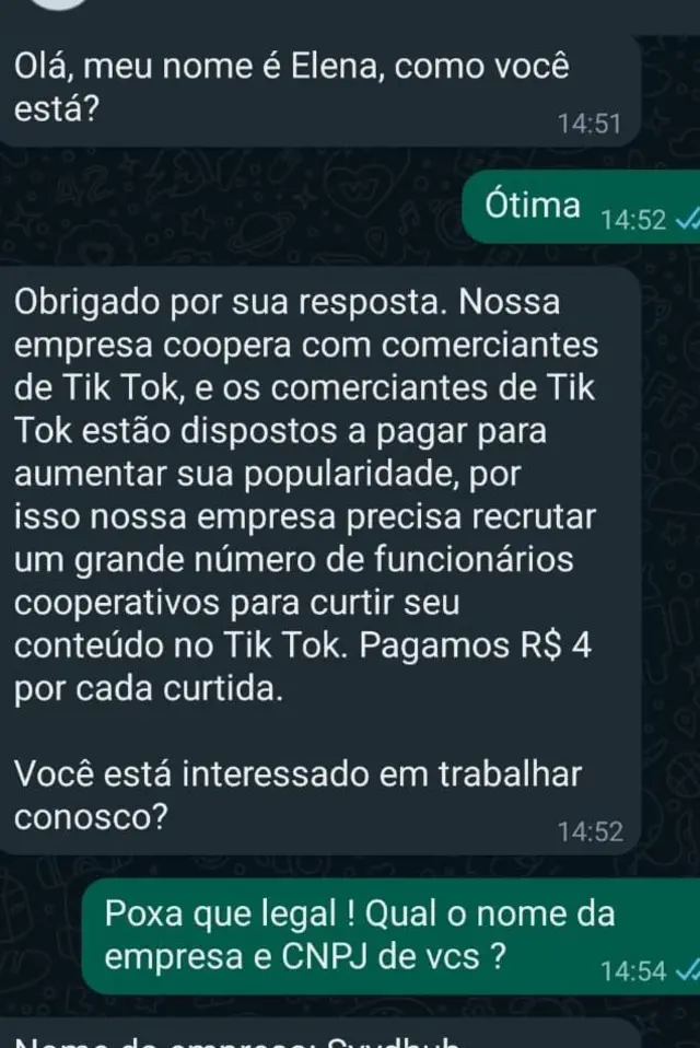 Golpista entra em contato para tentar oferecer "emprego" em redes sociais