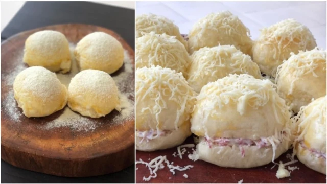 Duas imagens de diferentes pãezinhos sobre tábua