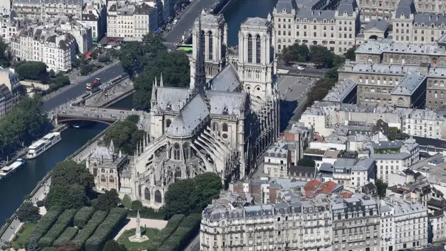 Vista aérea da catedral de Notre-Dame, na Île de la Cité