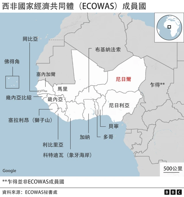 地圖：西非國家經濟共同體（ECOWAS）成員國